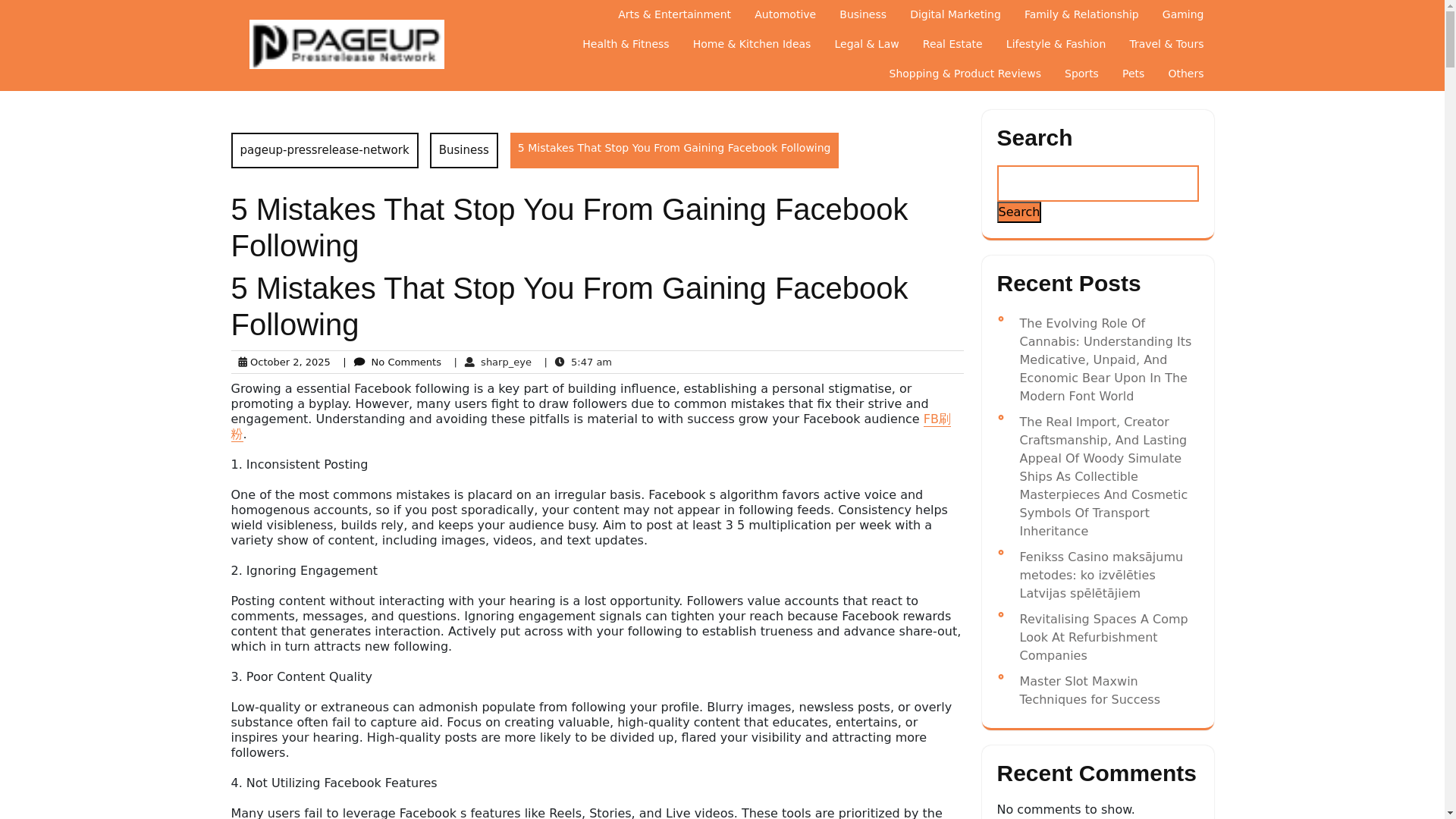 website screenshot of https://www.pageup-pressrelease-network.com/5-mistakes-that-stop-you-from-gaining-facebook-following/