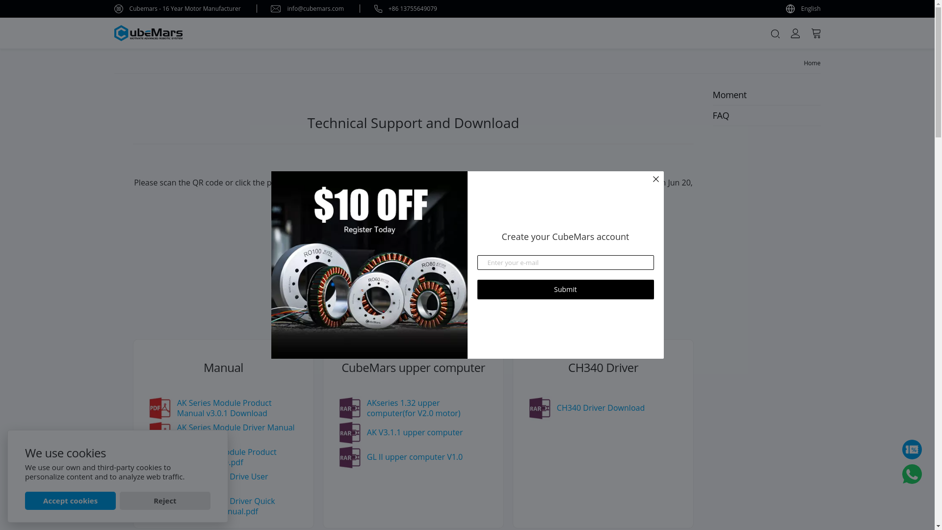 website screenshot of https://www.cubemars.com/technical-support-and-software-download.html