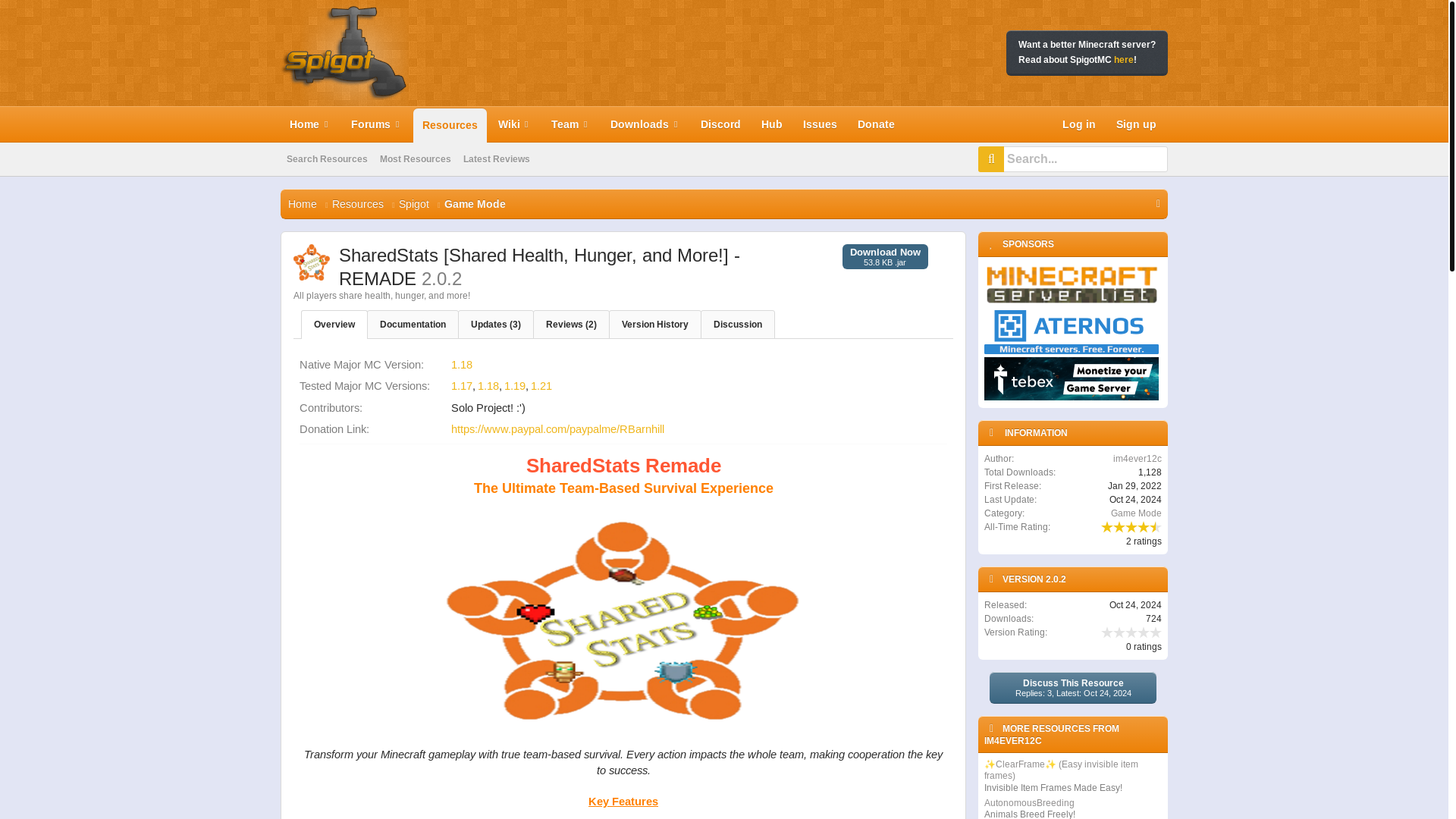 website screenshot of https://www.spigotmc.org/resources/sharedstats-shared-health-hunger-and-more-remade.99604/