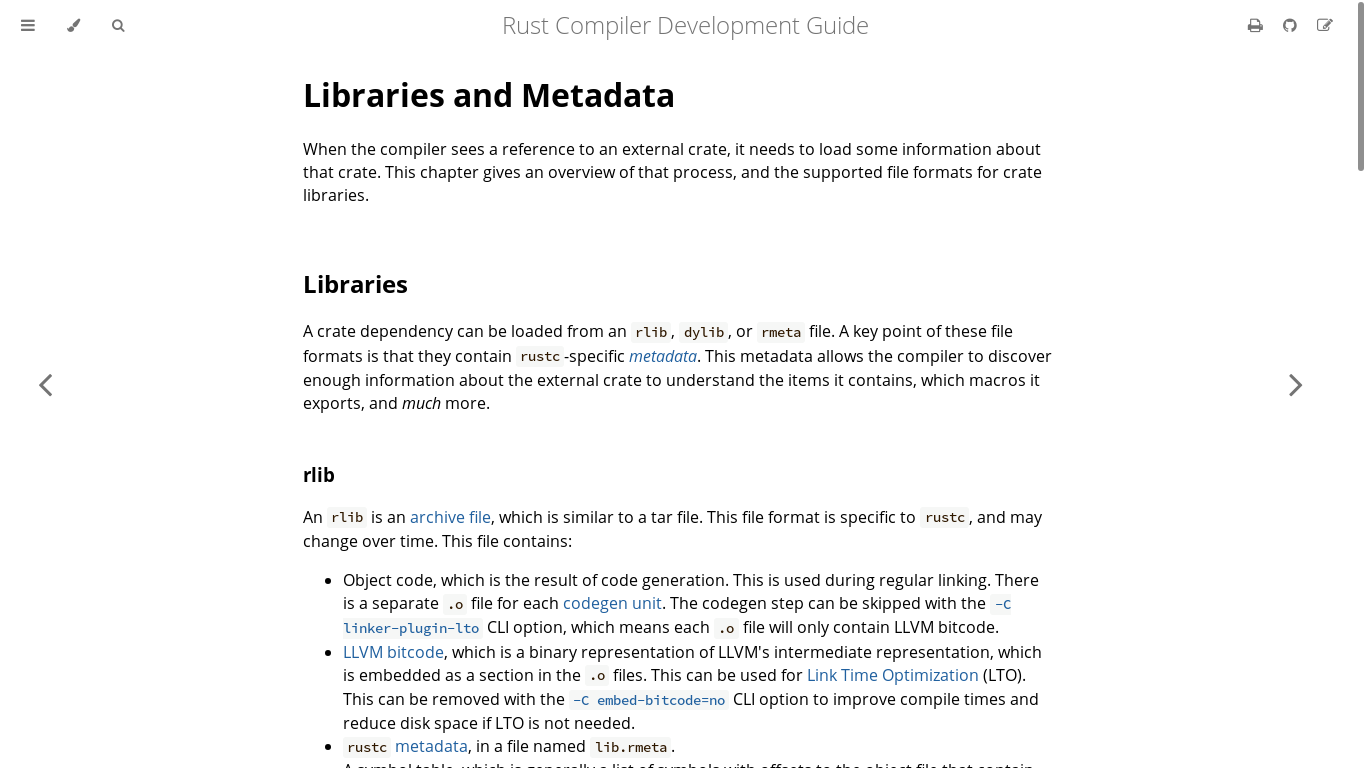 website screenshot of https://rustc-dev-guide.rust-lang.org/backend/libs-and-metadata.html