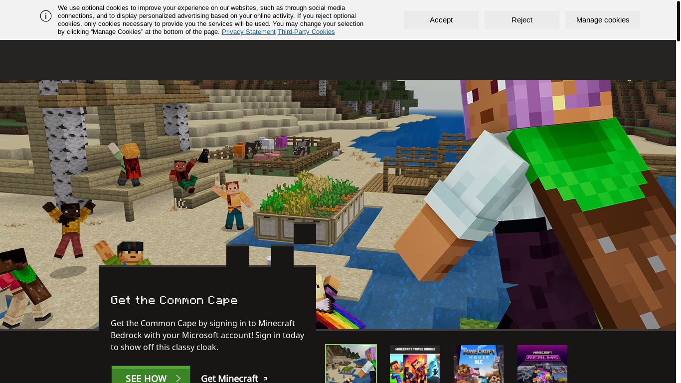 website screenshot of https://www.minecraft.net/en-us