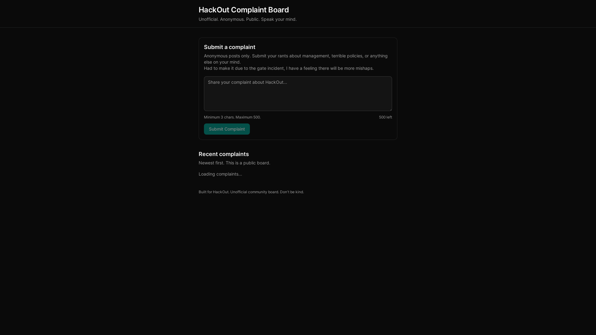 website screenshot of https://hackout-complaint-board.pages.dev/