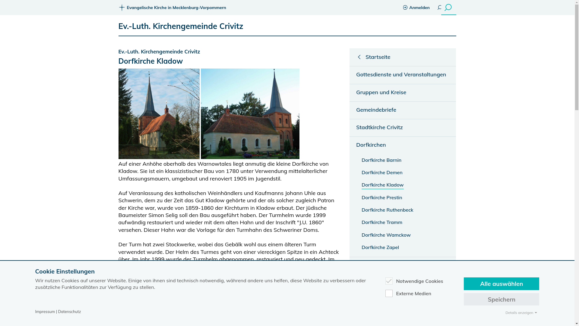website screenshot of https://www.kirche-mv.de/crivitz/dorfkirchen/dorfkirche-kladow