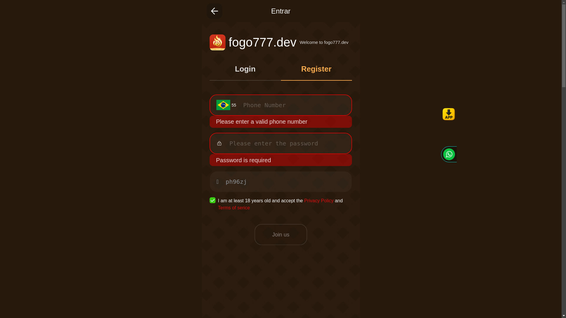 website screenshot of https://fogo777.dev/#/?page=register&ref=ph96zj