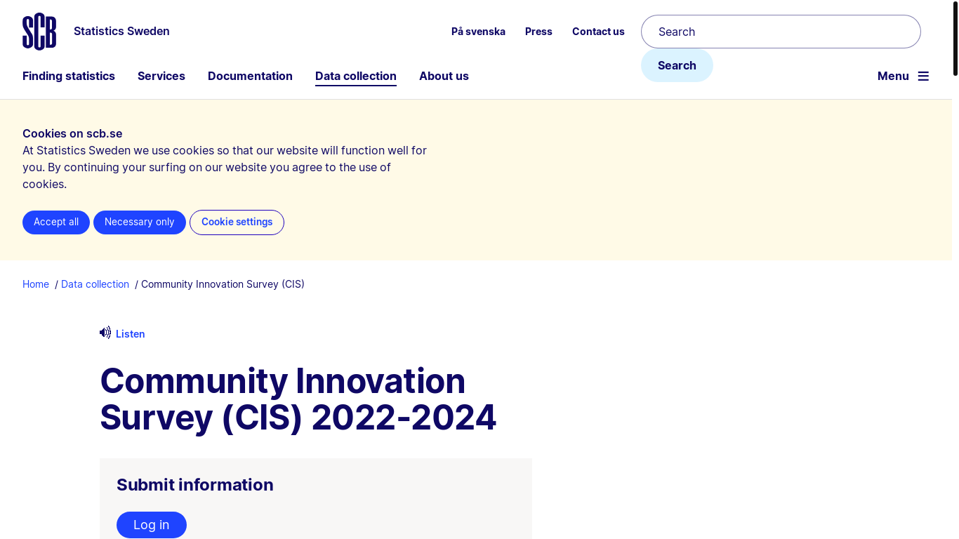 website screenshot of https://www.scb.se/en/data-collection/surveys/community-innovation-survey-cis/