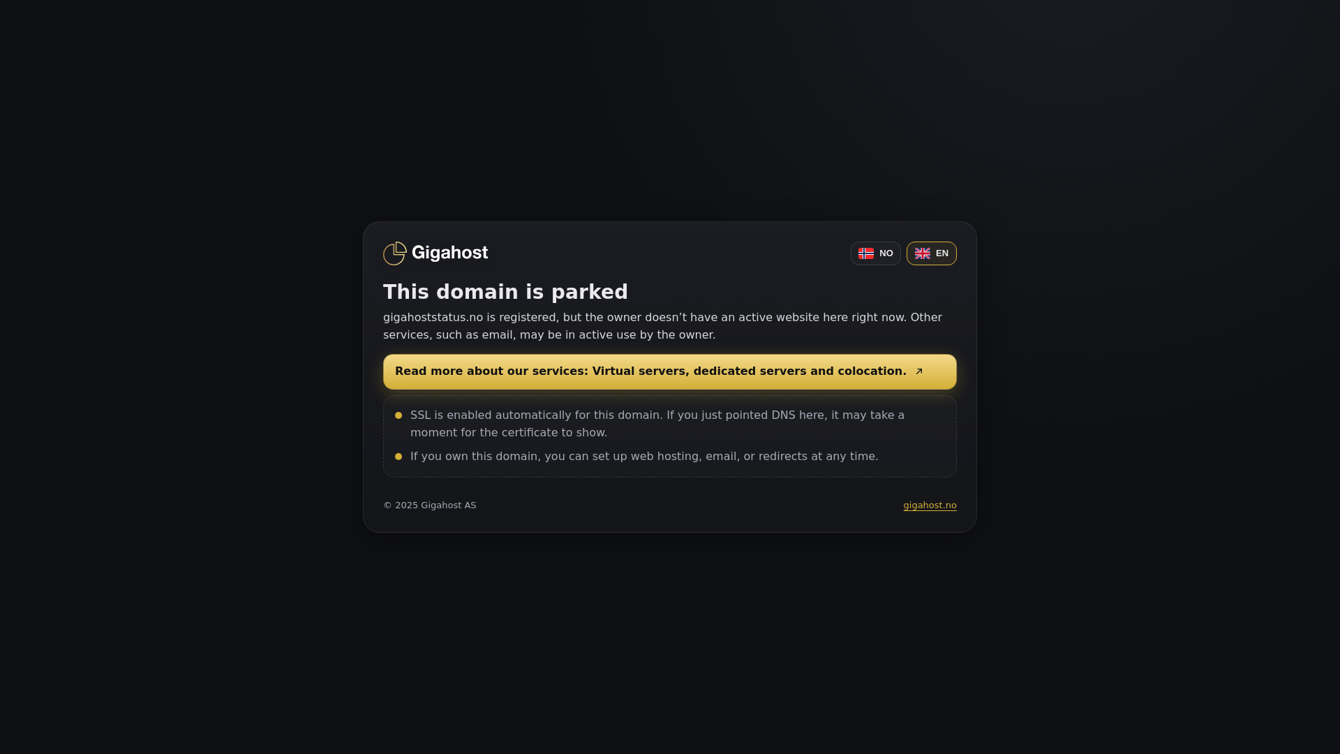 website screenshot of https://gigahoststatus.no/