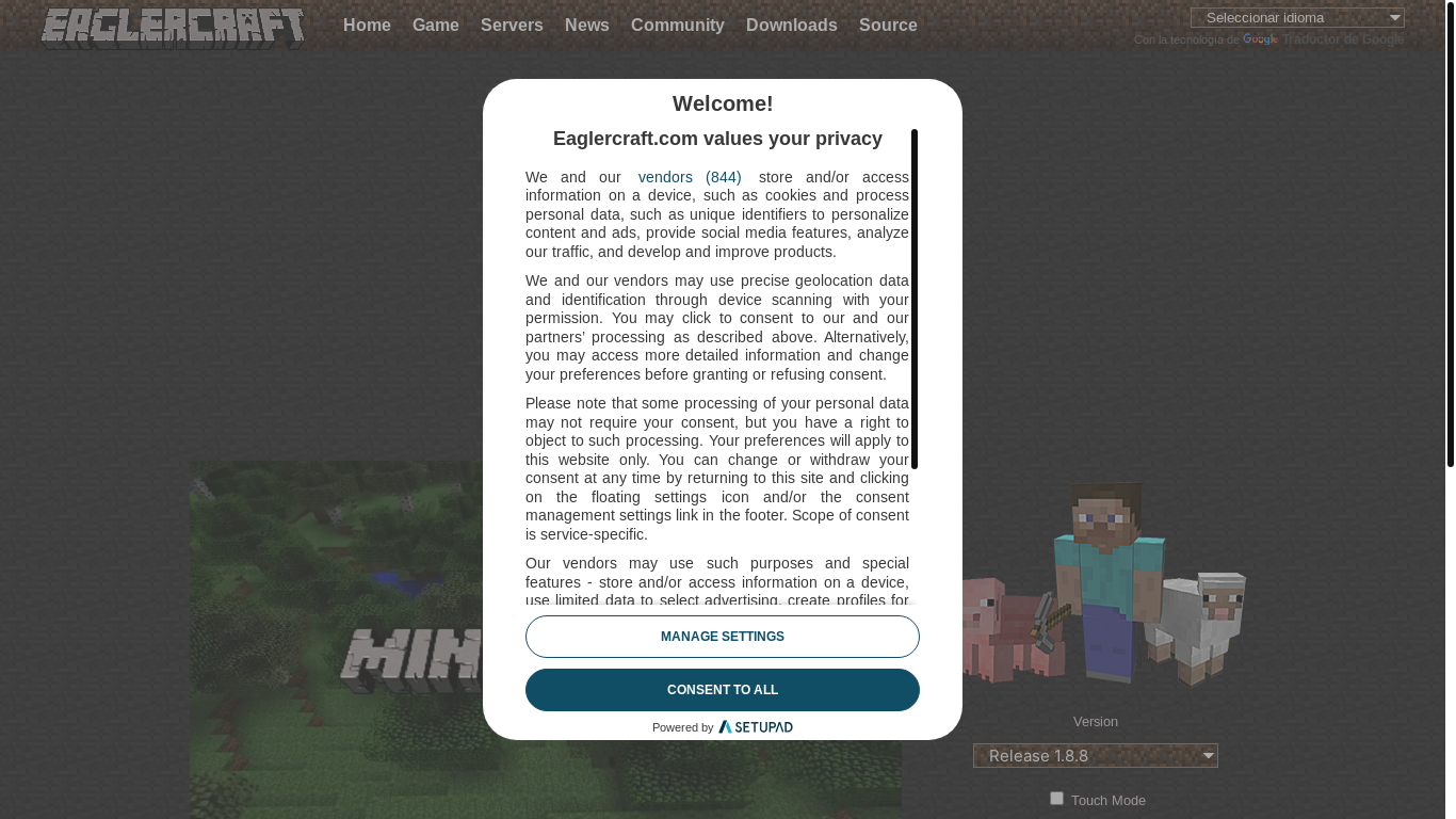 website screenshot of https://eaglercraft.com/