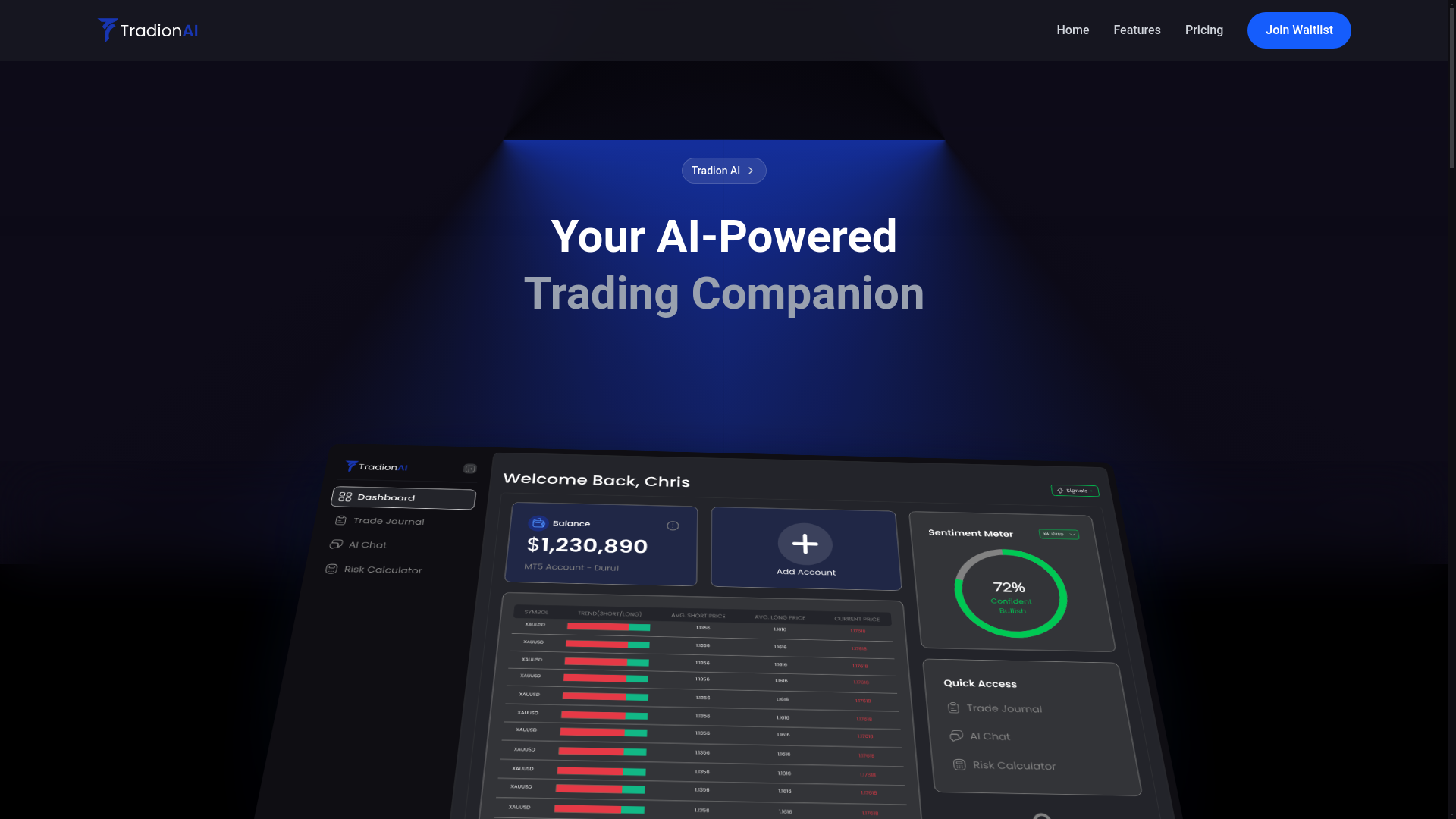 website screenshot of https://tradionai.com/