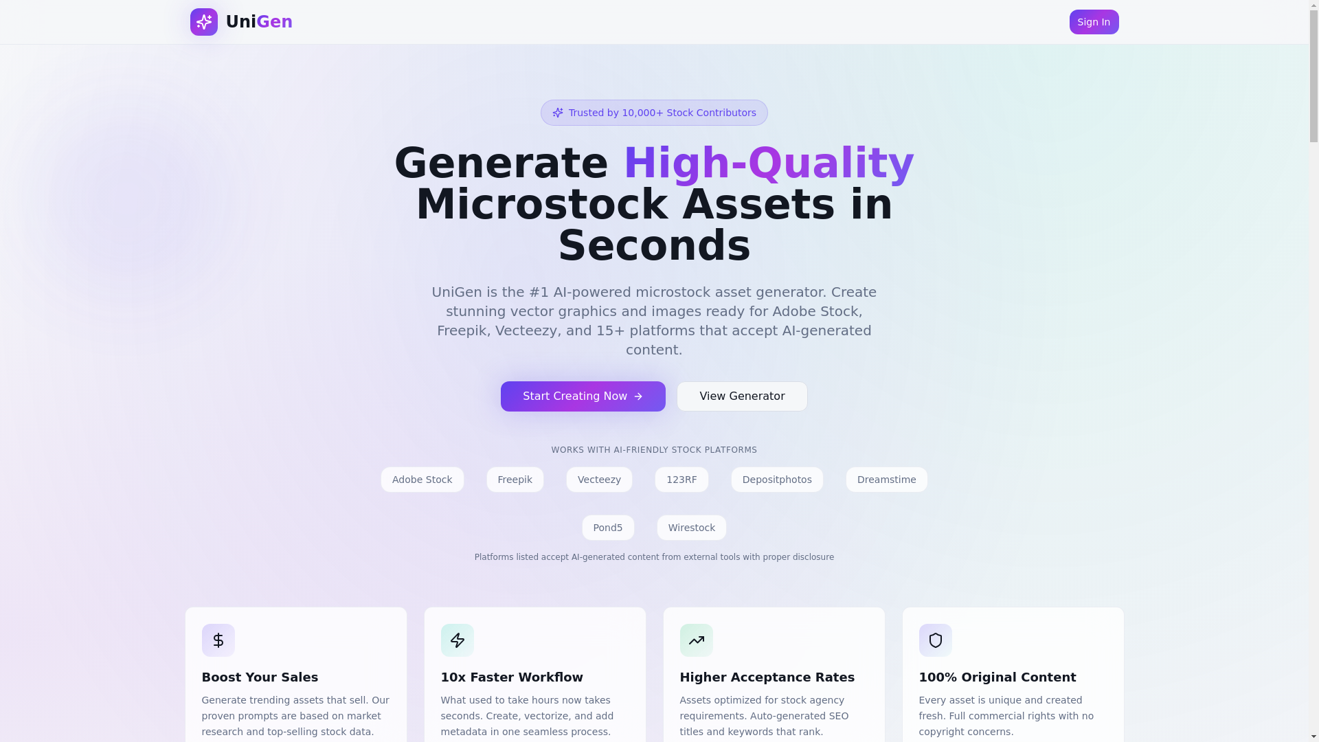 website screenshot of https://unigen.online
