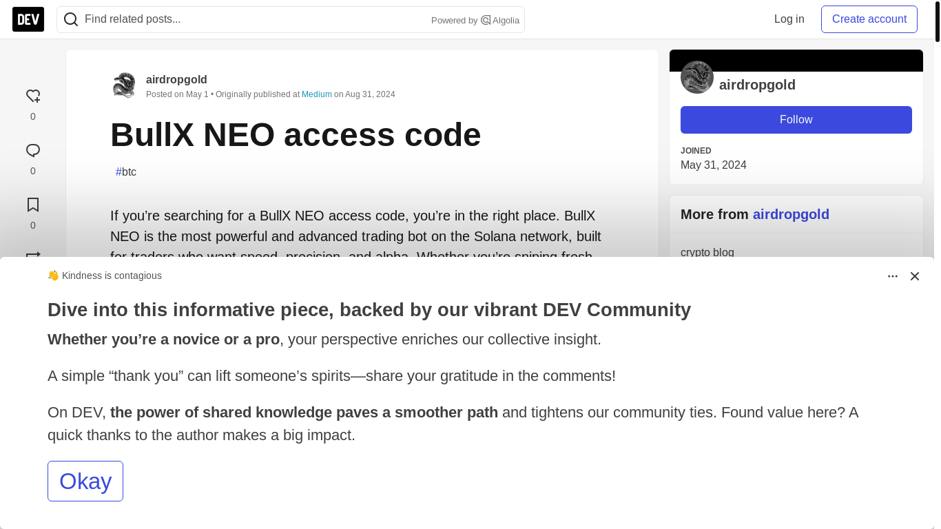 website screenshot of https://dev.to/airdropgold/bullx-neo-access-code-min/?v=565
