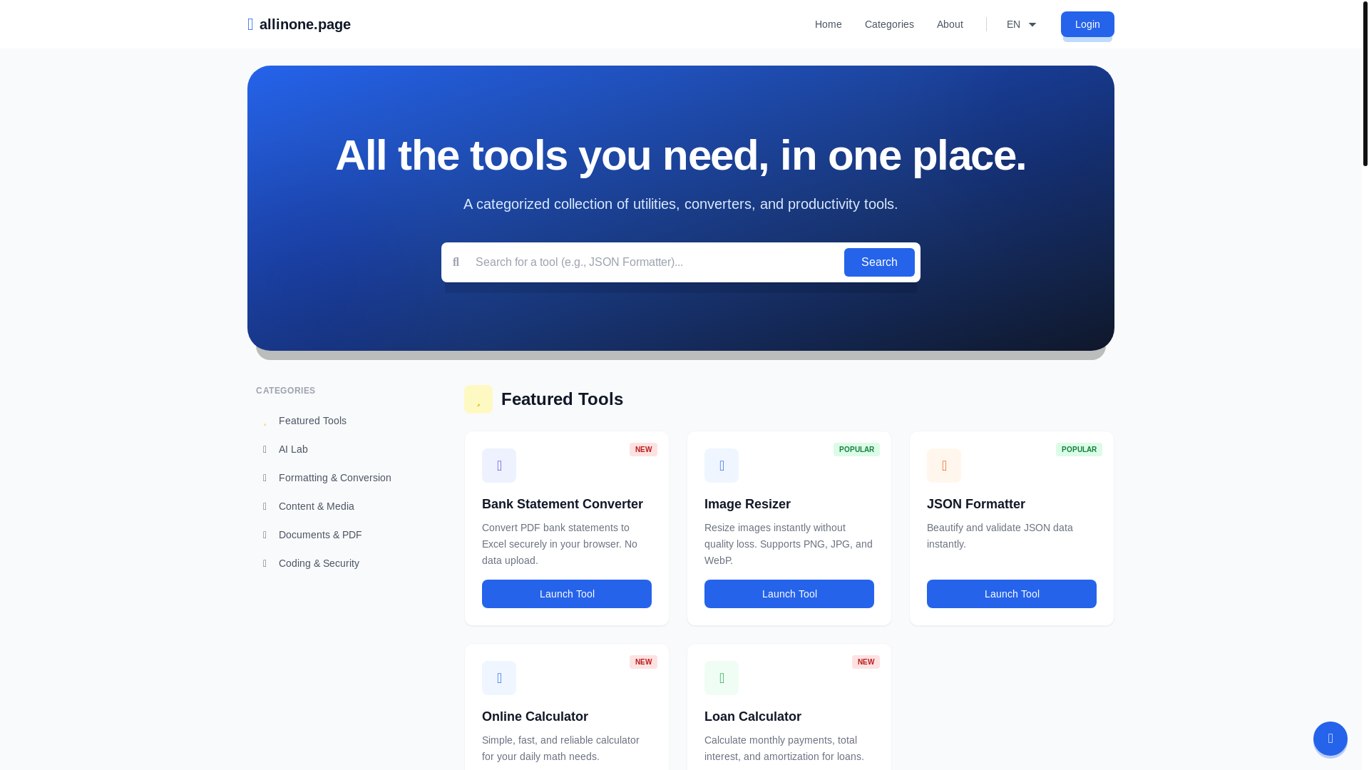 website screenshot of https://allinone-a6f.pages.dev/
