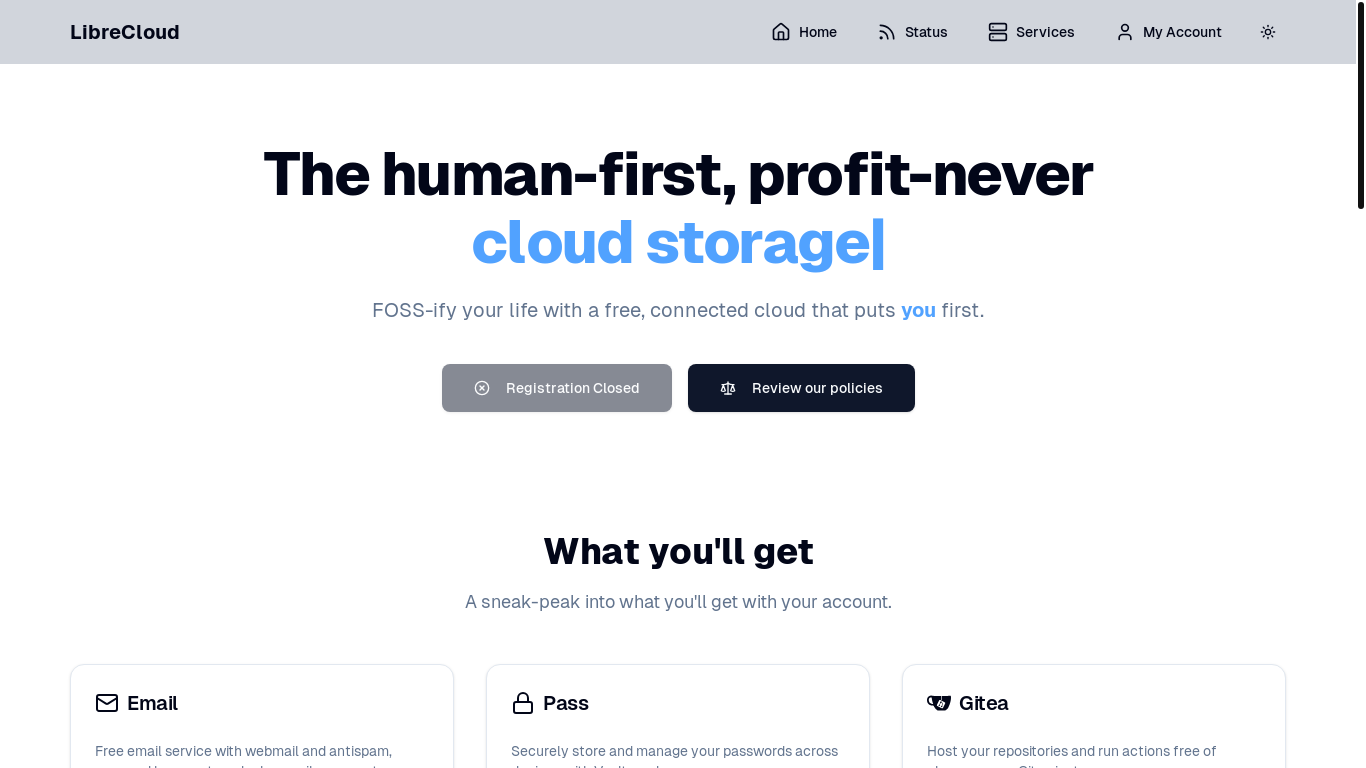 website screenshot of https://librecloud.cc/