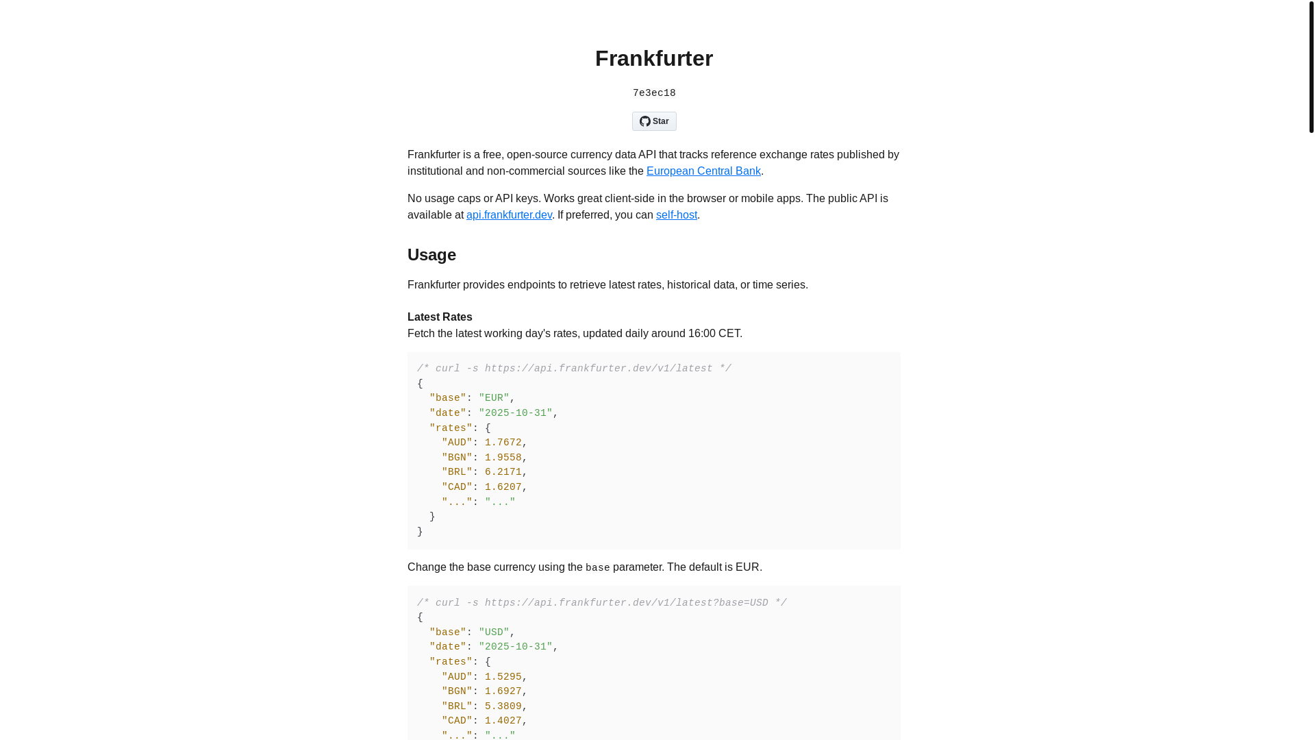 website screenshot of https://frankfurter.dev