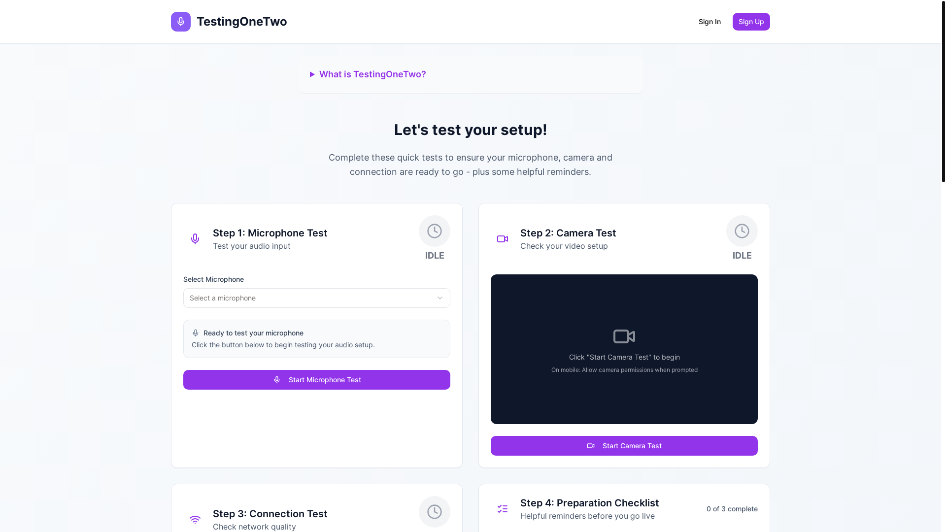 website screenshot of https://testingonetwo.app/
