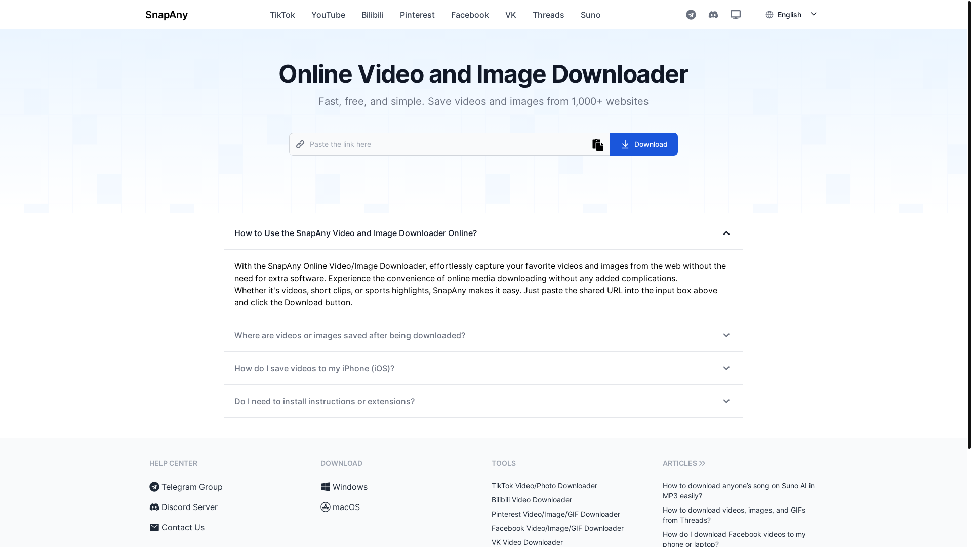 website screenshot of https://snapany.com/