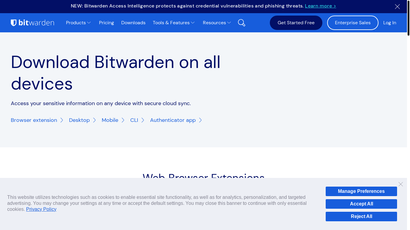 website screenshot of https://bitwarden.com/download/