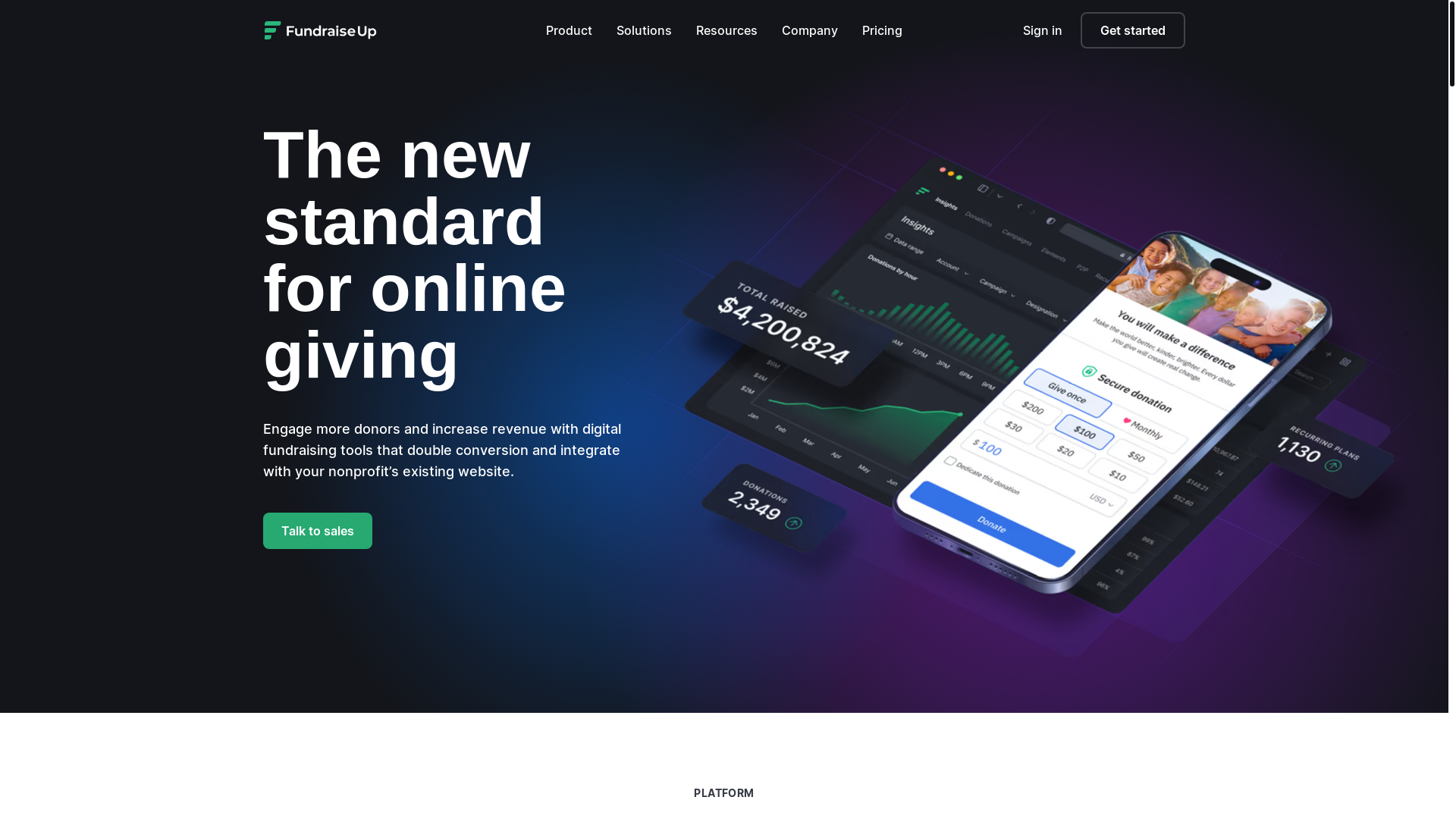 website screenshot of https://fundraiseup.com