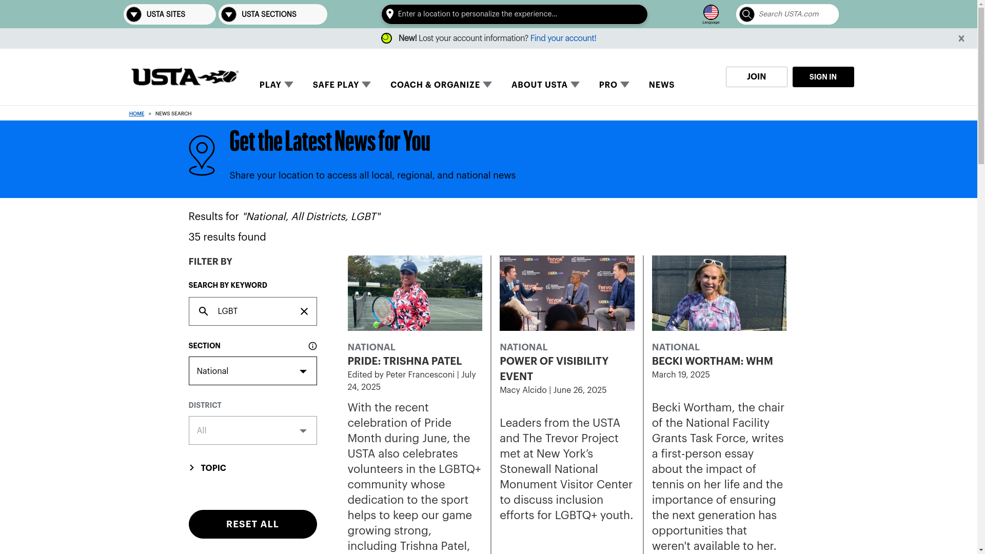 website screenshot of https://www.usta.com/en/home/news-search.html#section=national&district=all&text=LGBT