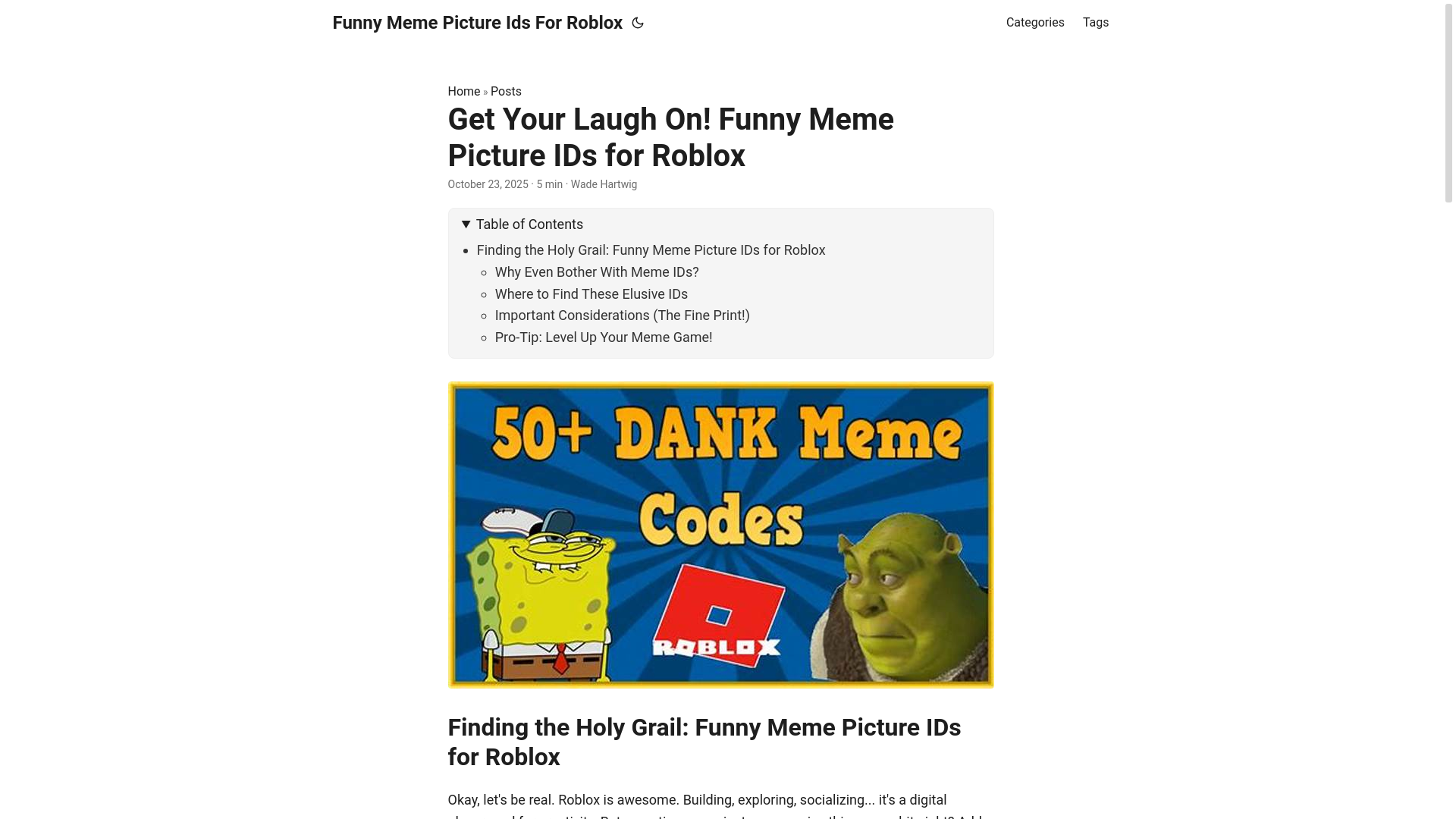 website screenshot of https://funny-meme-picture-ids-for-roblox.pages.dev/