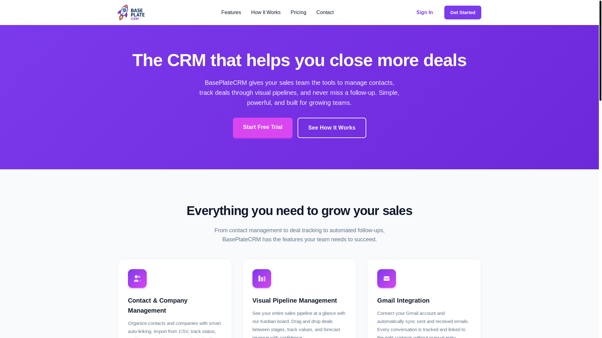 website screenshot of https://baseplatecrm.com/