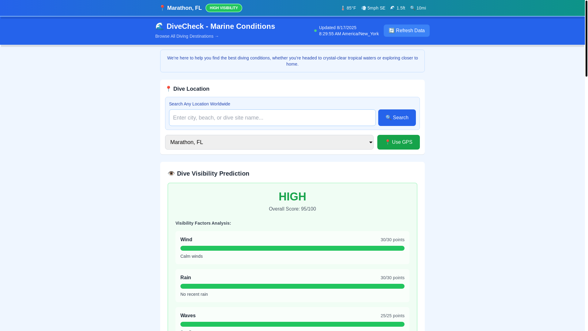 website screenshot of https://divecheck.org/