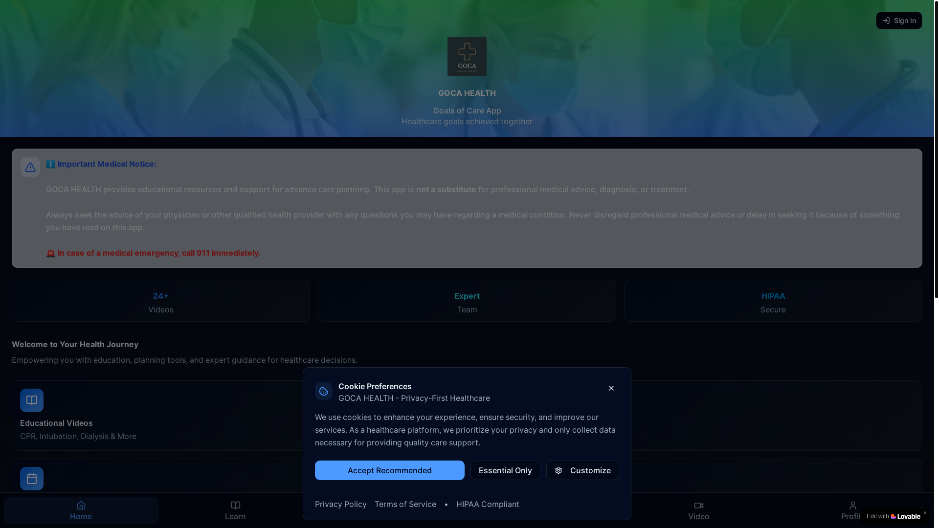 website screenshot of https://goalscare.app/