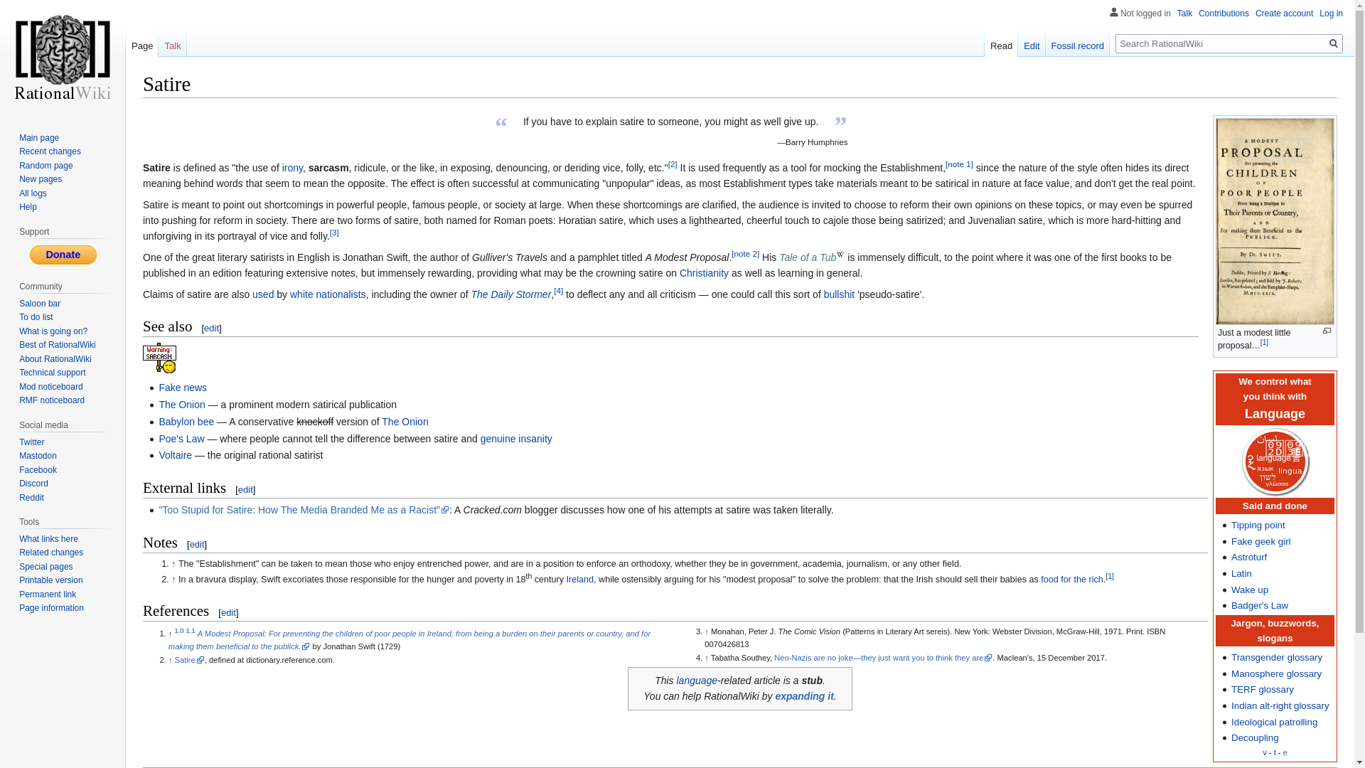 website screenshot of https://rationalwiki.org/wiki/Satire