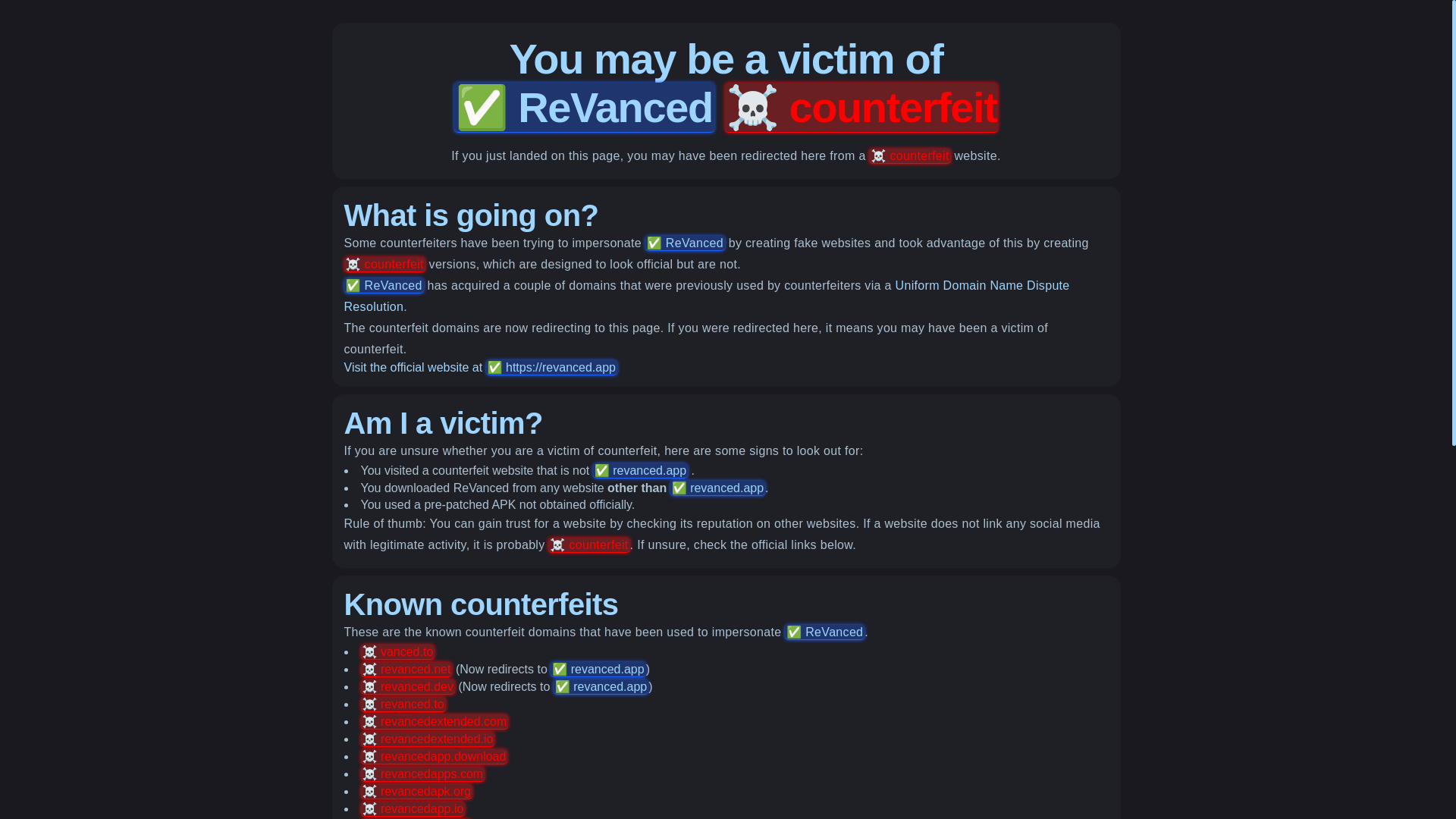 website screenshot of https://counterfeits.revanced.app/