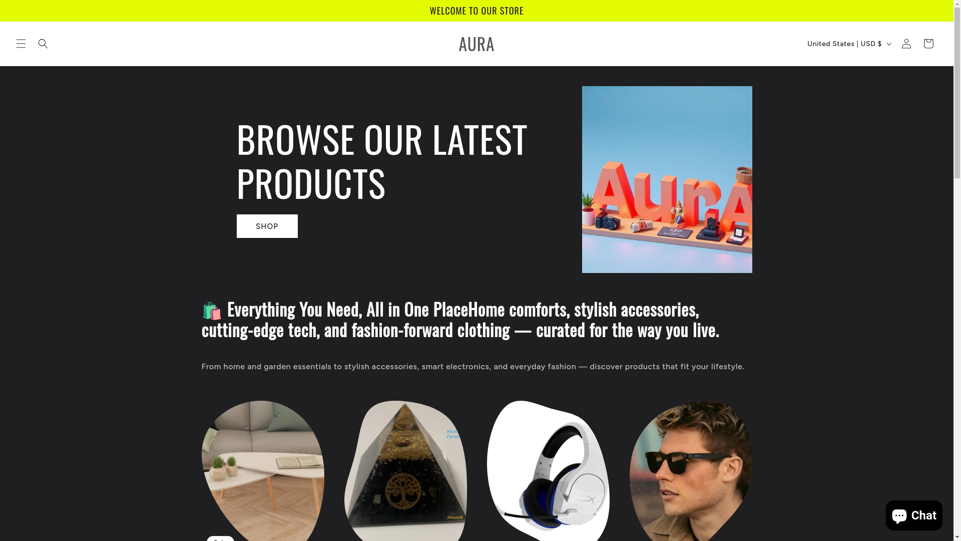 website screenshot of https://aurainternational.store/