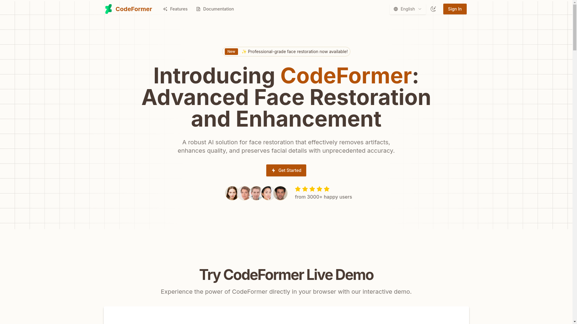 website screenshot of https://codeformerai.com/