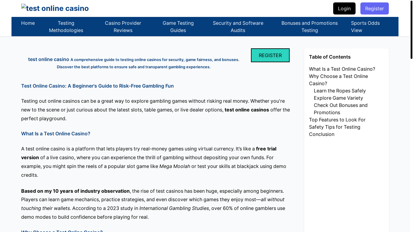 website screenshot of https://testonlinecasino.online/