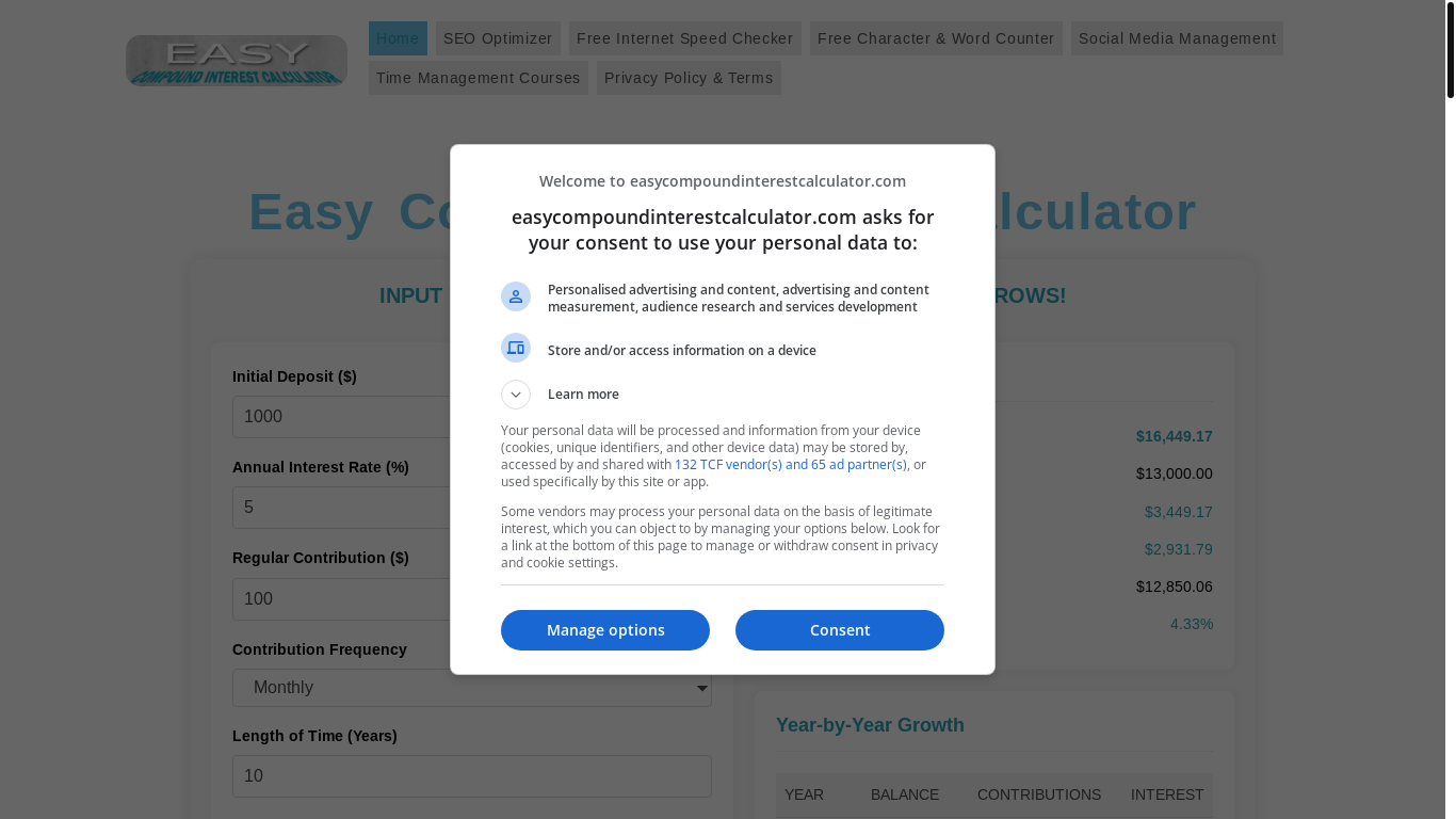 website screenshot of https://easycompoundinterestcalculator.com/