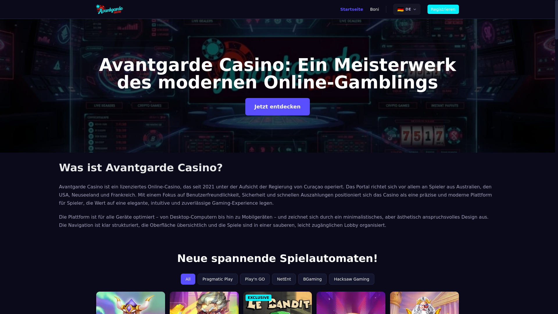 website screenshot of https://avantgardecasino777.de/
