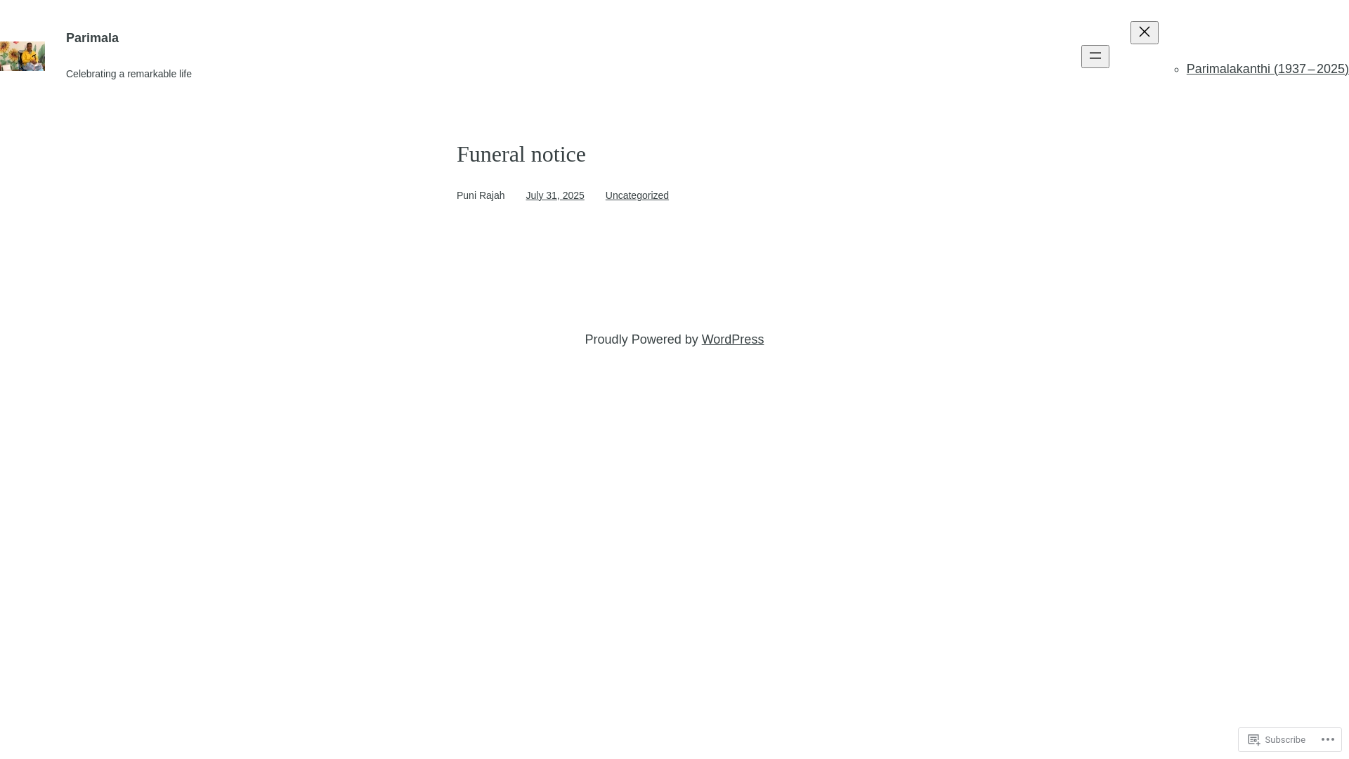 website screenshot of https://parimalakanthi.rip/