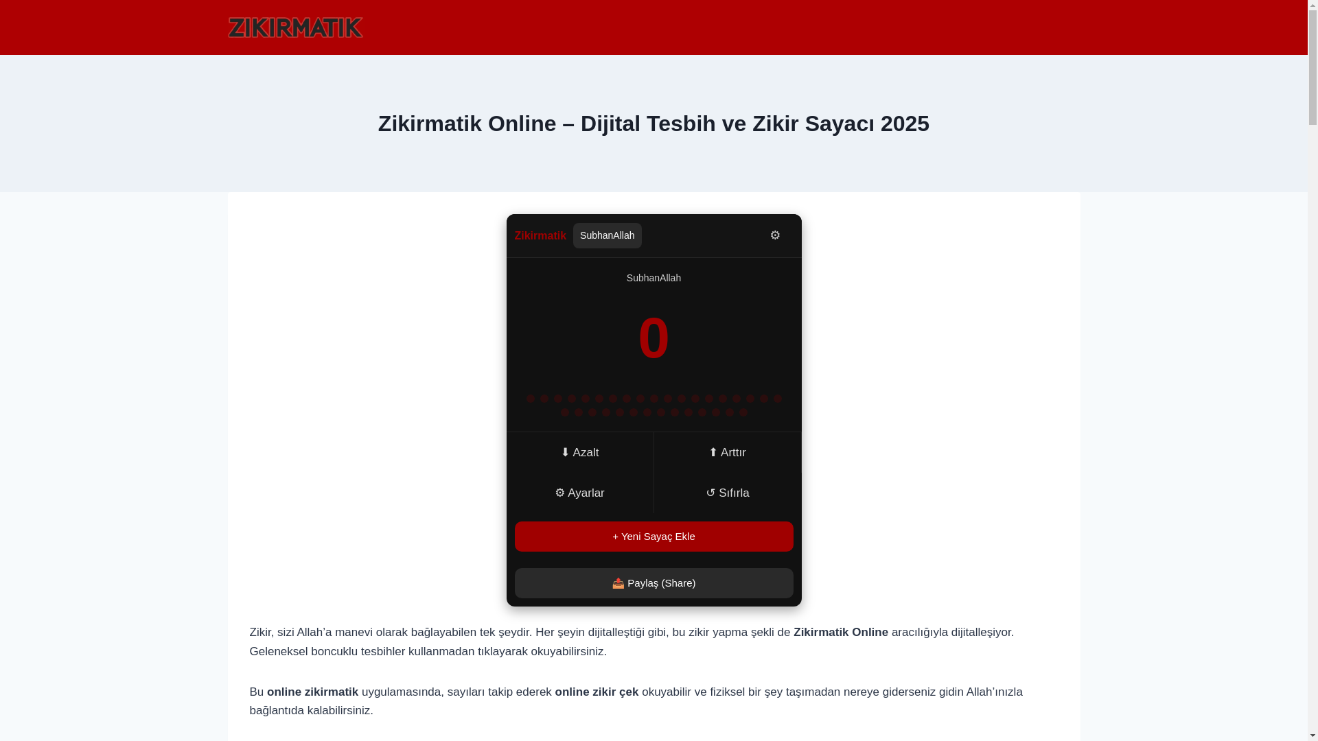 website screenshot of https://zikirmatikonline.com.tr/