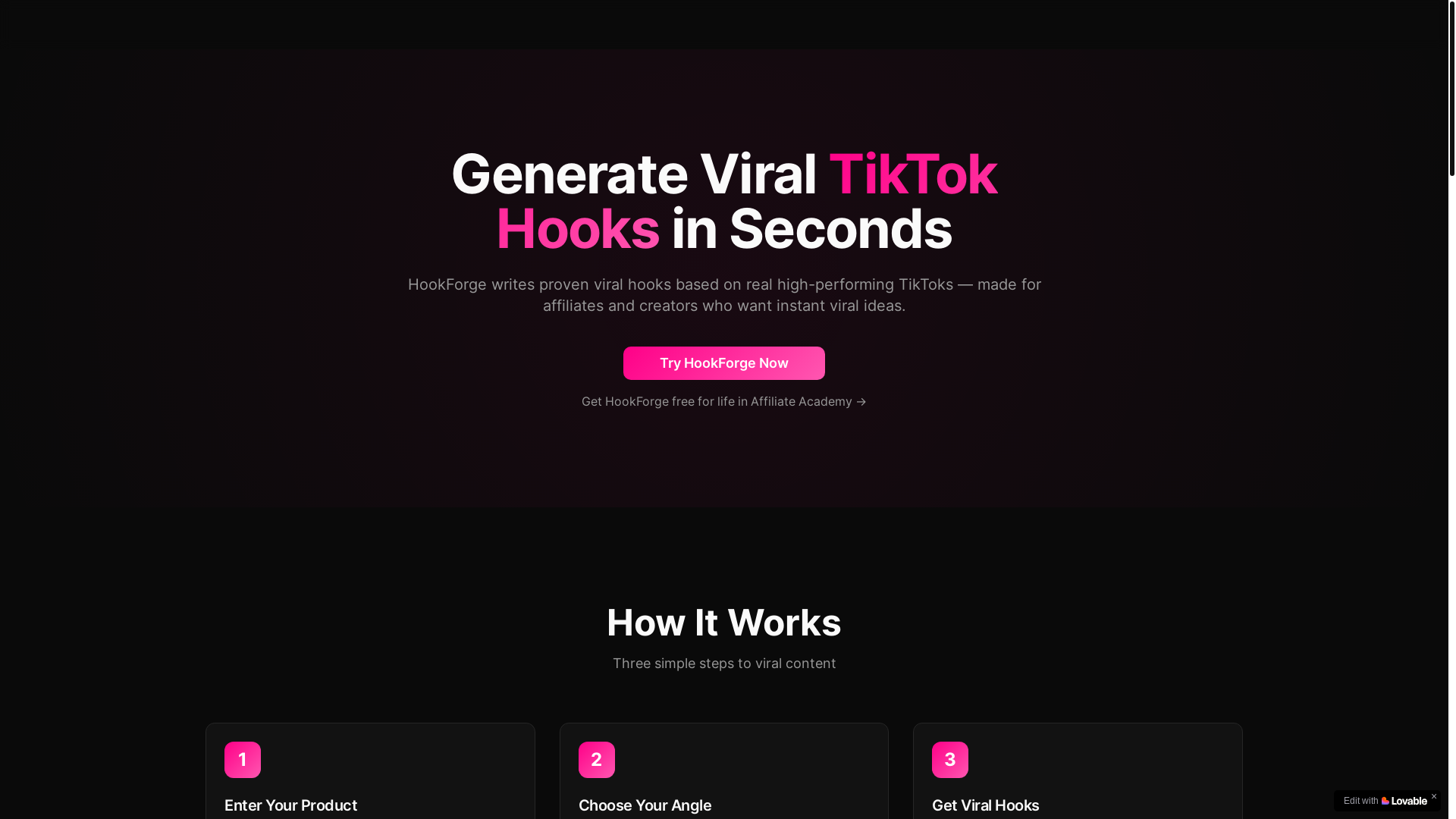 website screenshot of https://hookforge.ai/