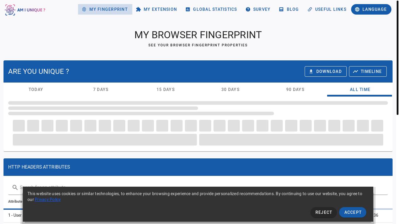 website screenshot of https://amiunique.org/fingerprint