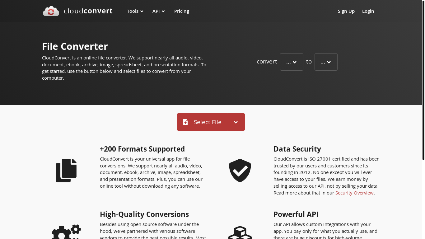 website screenshot of https://cloudconvert.com/