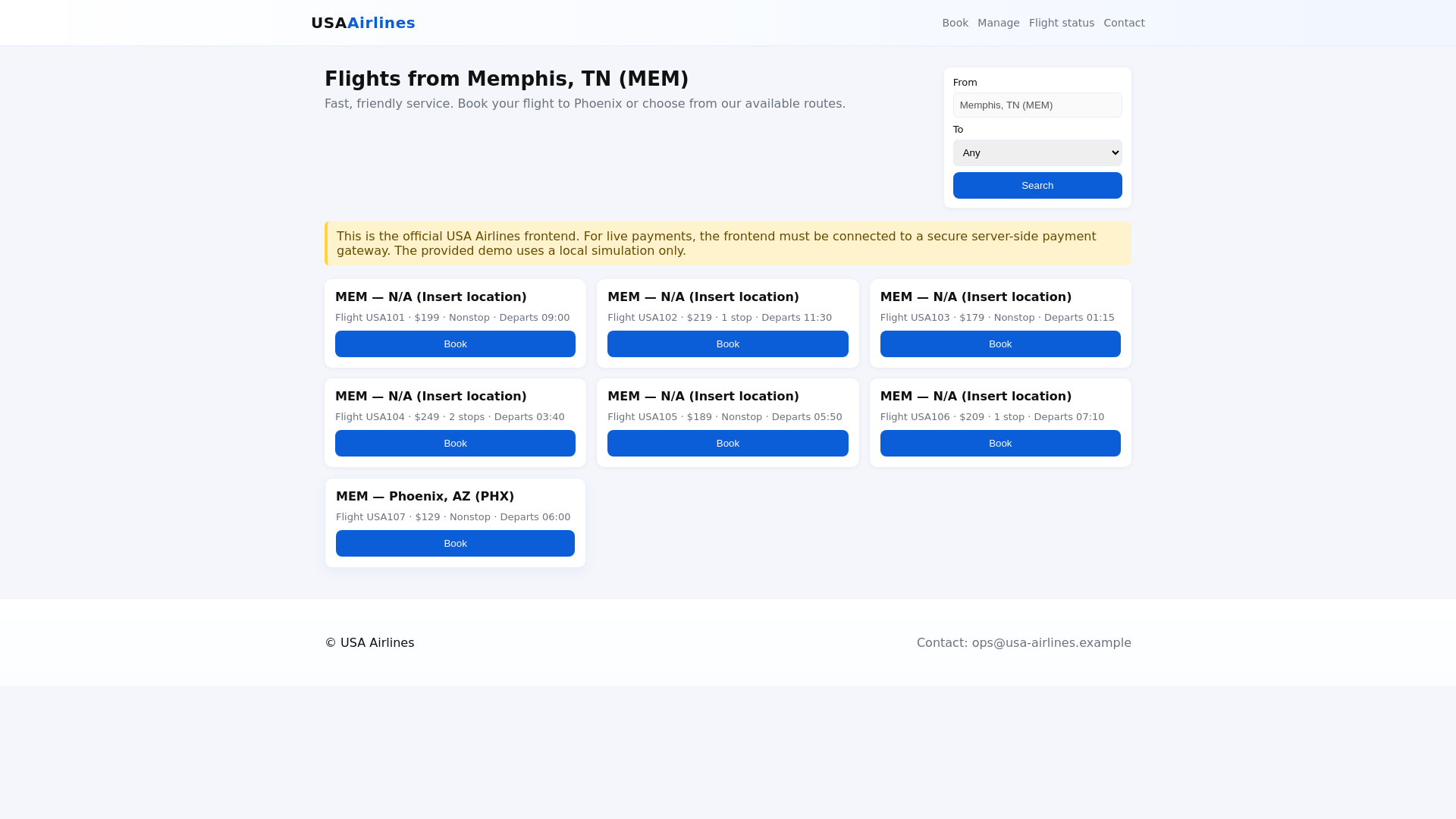 website screenshot of https://usaairlines.pages.dev/
