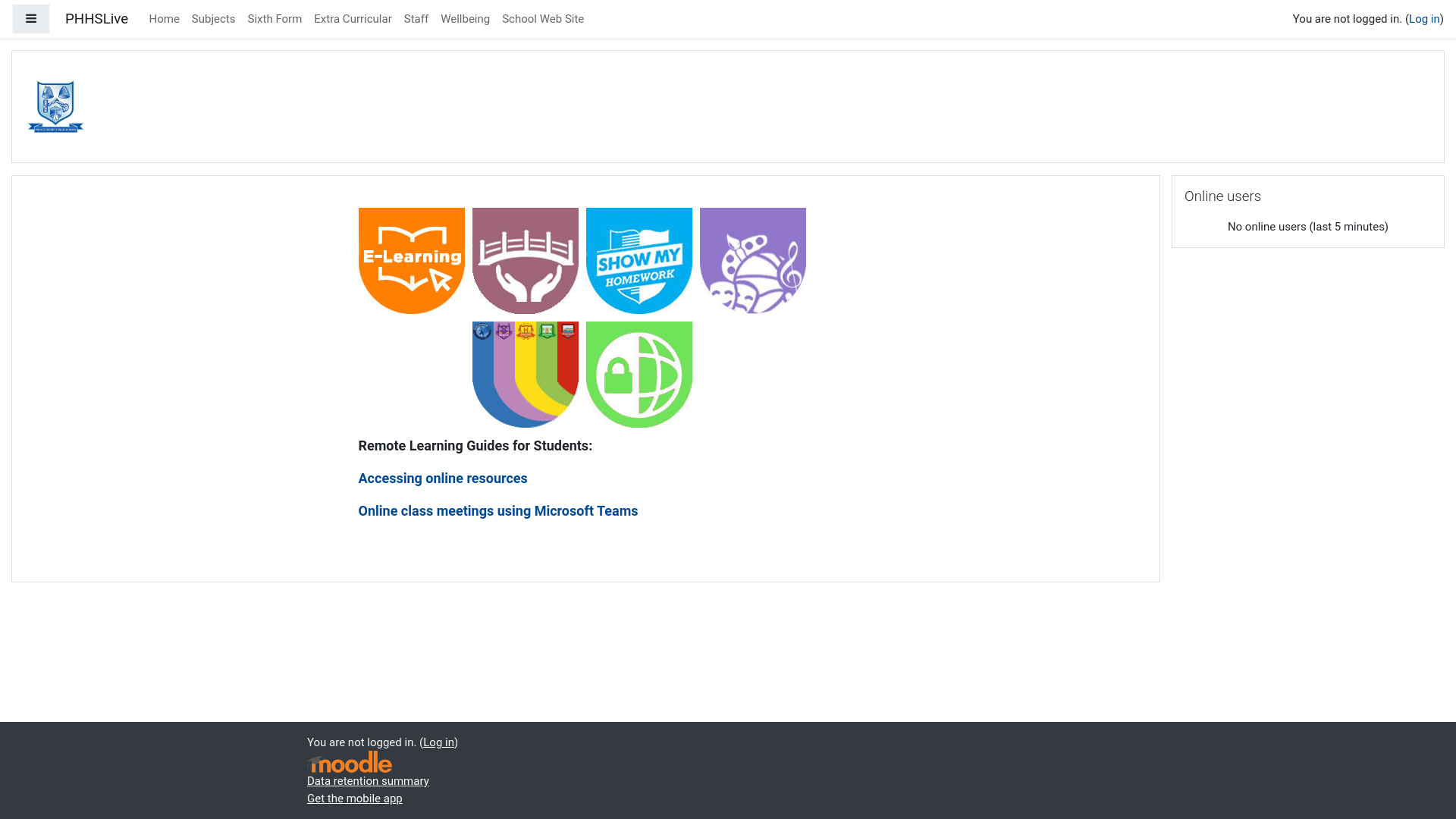 website screenshot of https://moodle.phhslive.co.uk/
