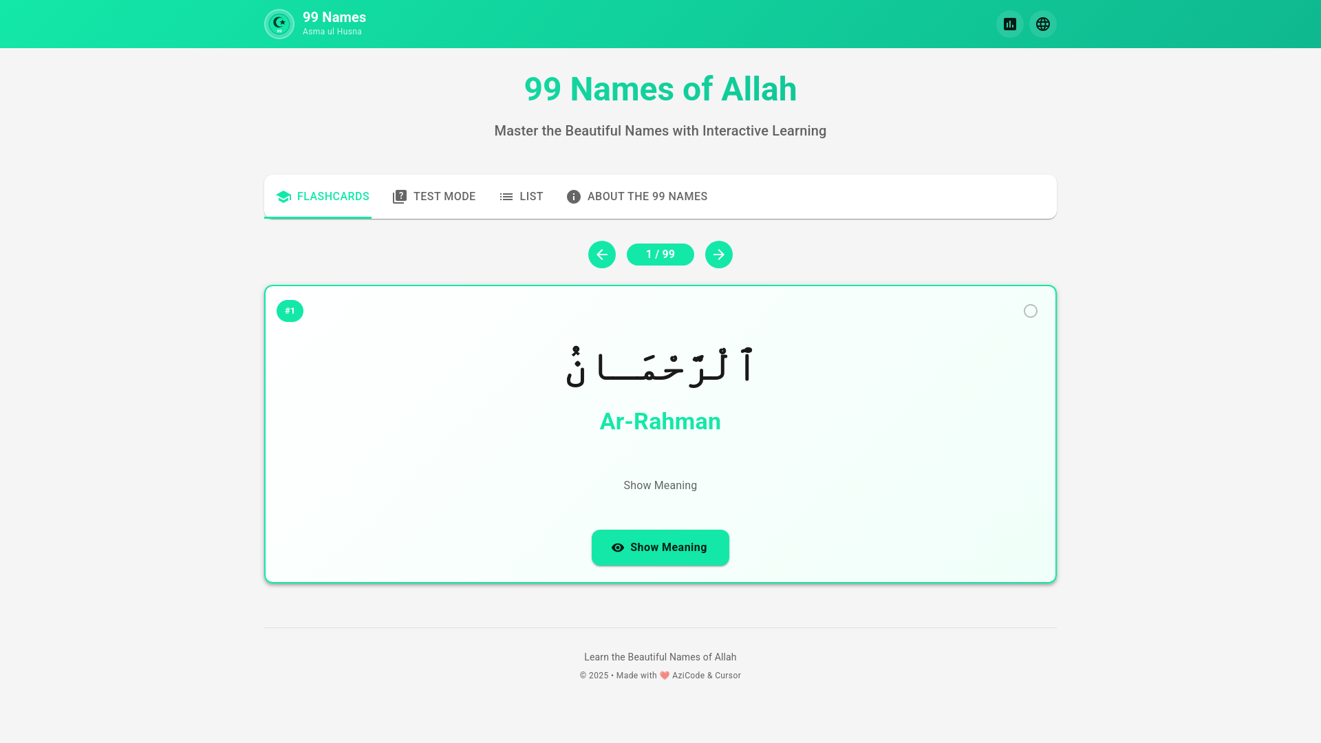 website screenshot of https://99allahnames.space/
