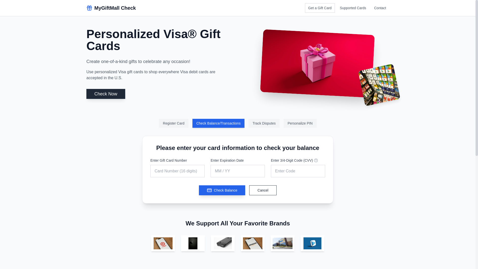 website screenshot of https://checkcardmygift.com/