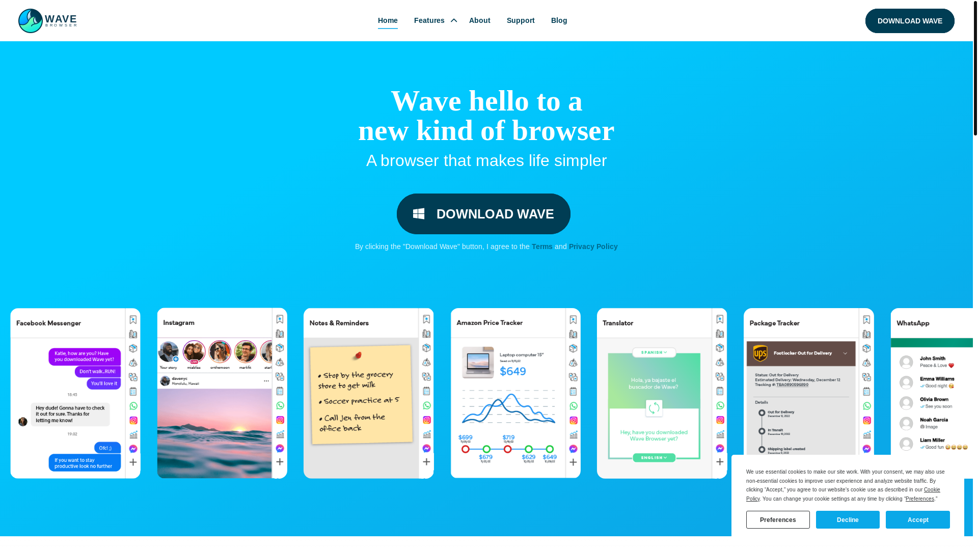 website screenshot of https://wavebrowser.com/