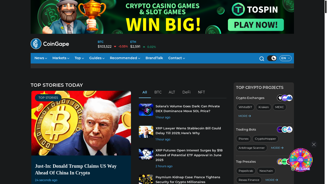 website screenshot of https://coingape.com/