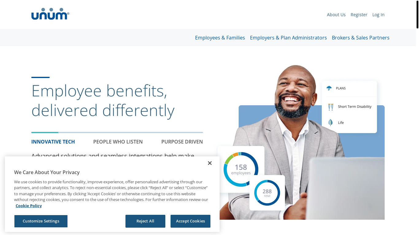 website screenshot of https://www.unum.com/