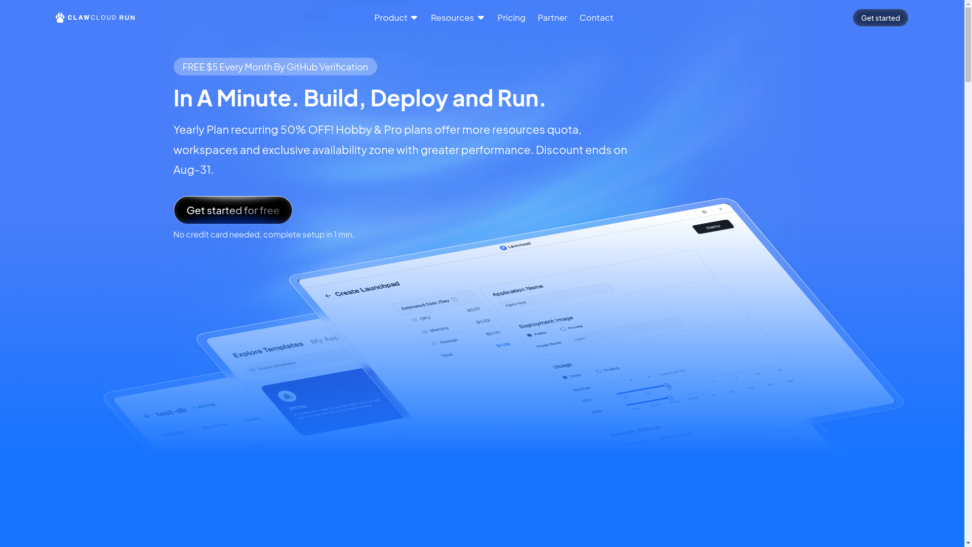 website screenshot of https://clawcloudrun.com
