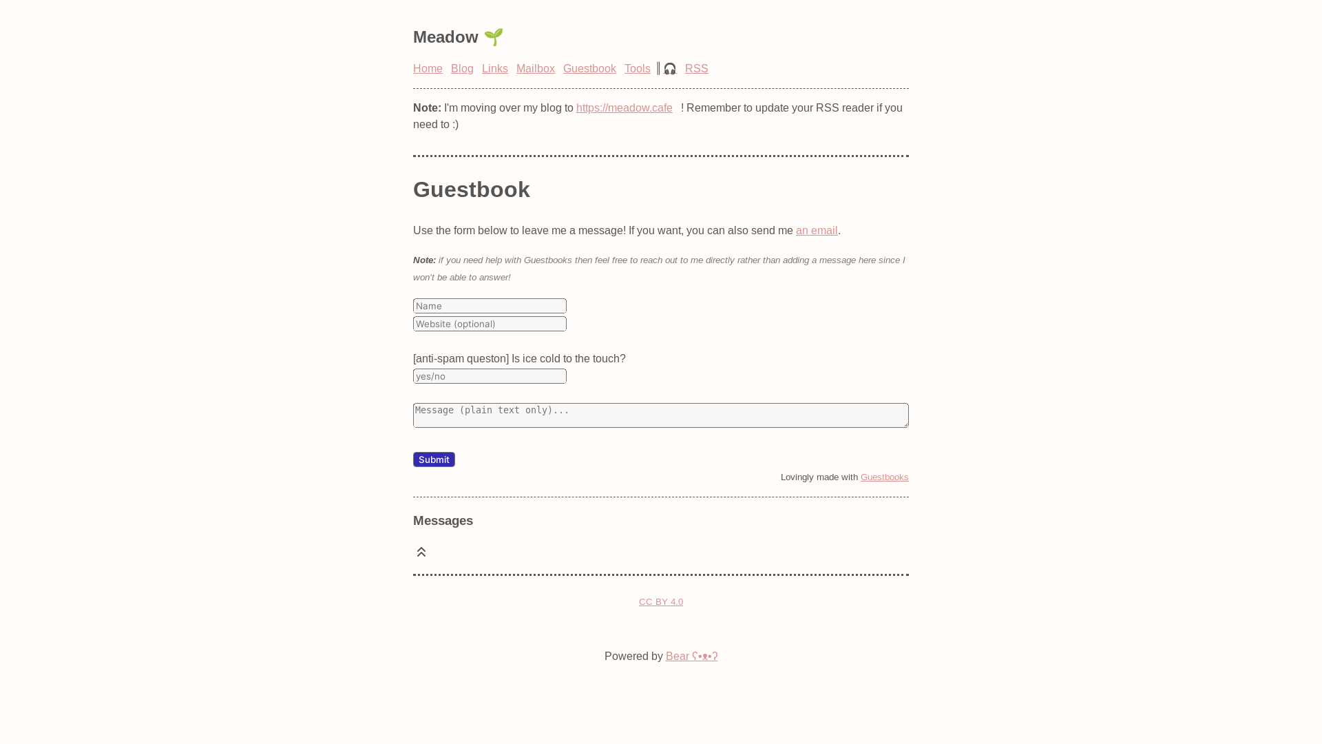 website screenshot of https://meadow.bearblog.dev/guestbook/