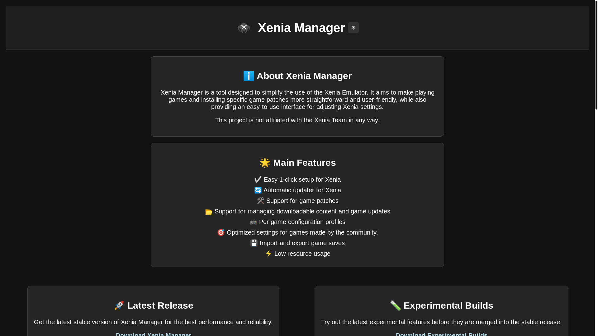 website screenshot of https://xenia-manager.pages.dev/