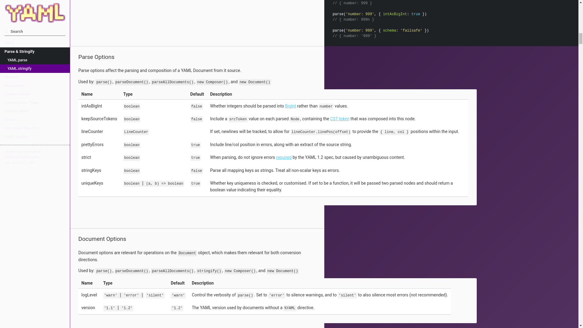 website screenshot of https://eemeli.org/yaml/#yaml-stringify
