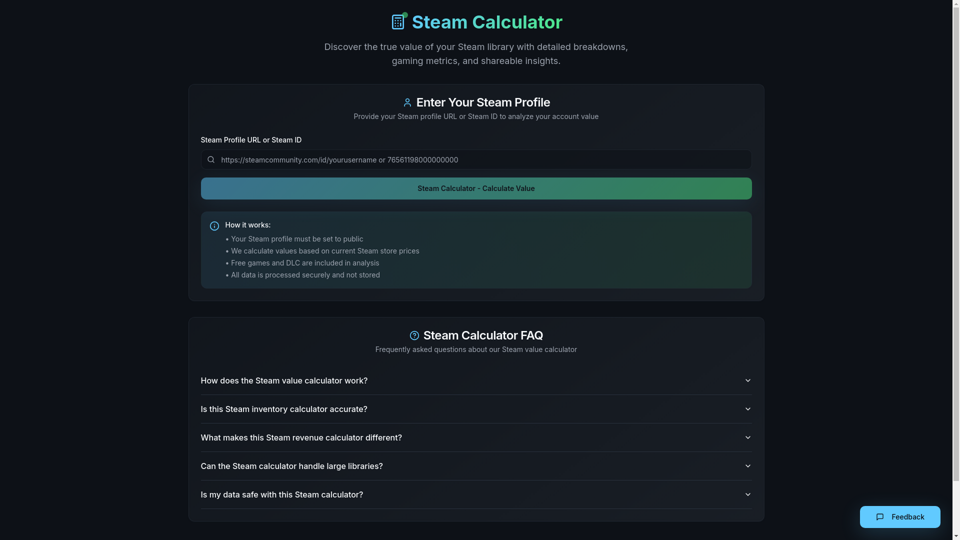website screenshot of https://steamcalculator.org/